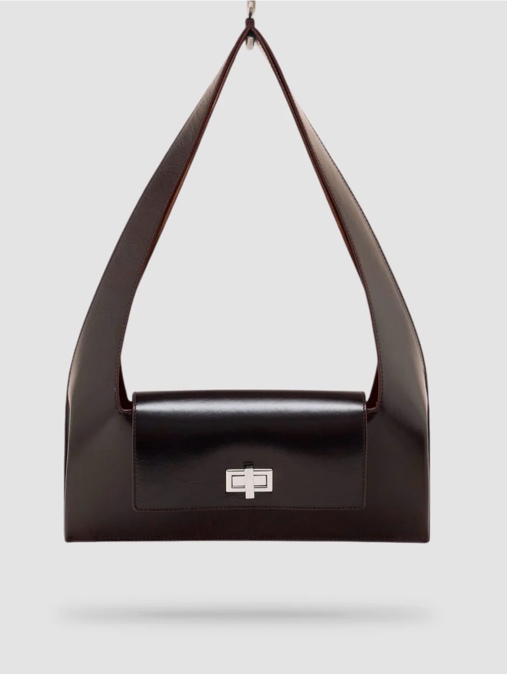 Dark Brown Leather Shoulder Bag with Silver Turn-Lock